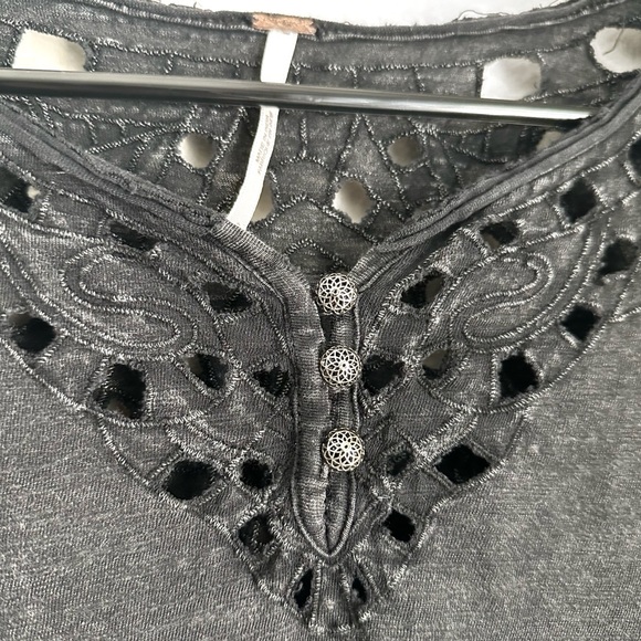 Free People Black Color Blue Luna Cutout Henley Long Sleeve Blouse Top - Picture 8 of 11